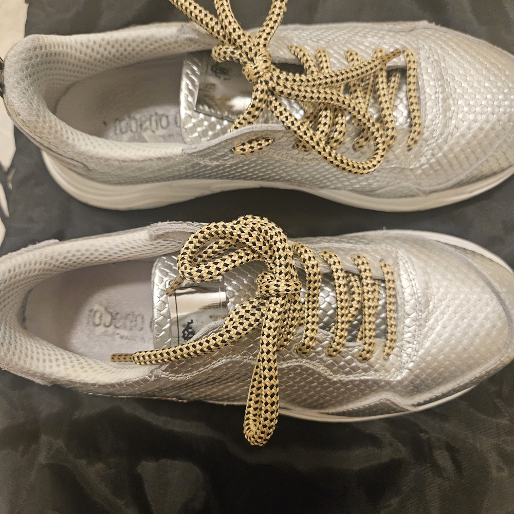 Roberto Cavalli Silver Sneakers with Gold Laces